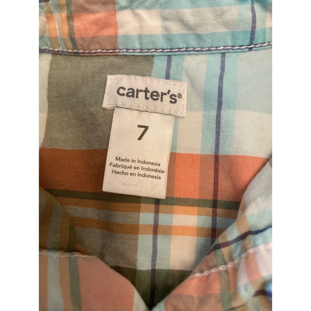 Carter's Kids Sz 7 Plaid Button Down Shirt Orange Blue Green Long Sleeve Cotton